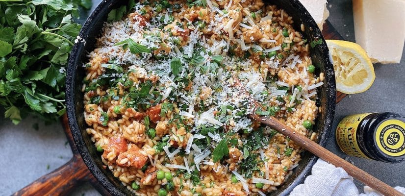 finished dish chicken and chorizo risotto, Mexican fusion recipes