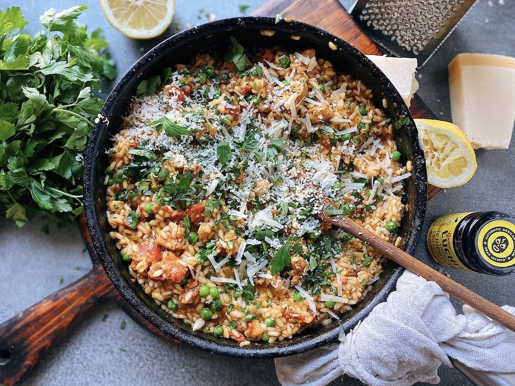 finished dish chicken and chorizo risotto, Mexican fusion recipes