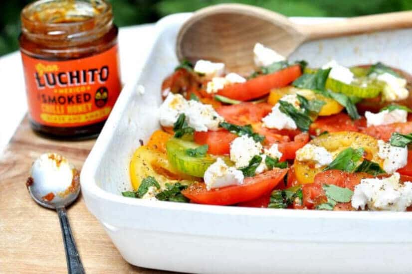 Mexican food with tomato ingredients with Goat‘s Cheese & Tomato Salad