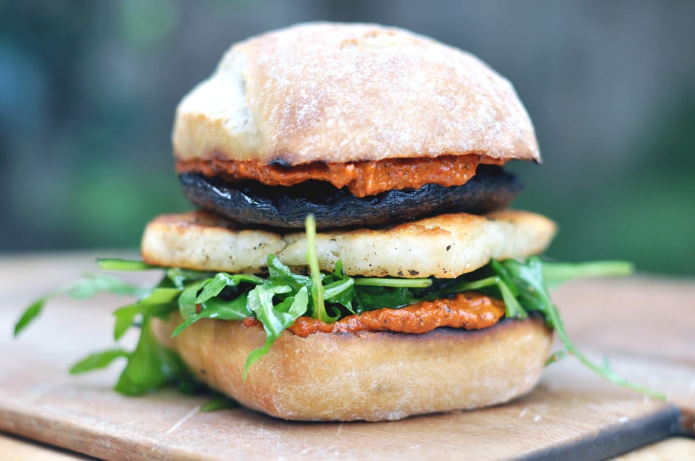 Mushroom Burger with Halloumi & Red Pepper Pesto