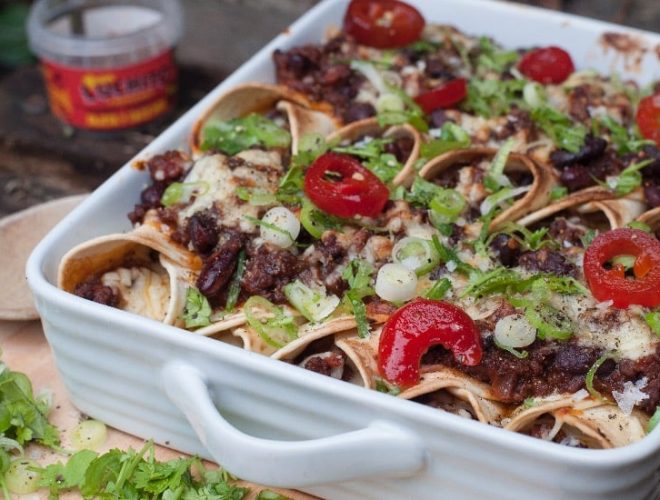 finished dish of beef enchiladasv