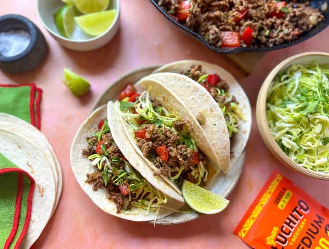 Easy Beef Tacos made using Medium Taco Seasoning and Soft Taco Wraps