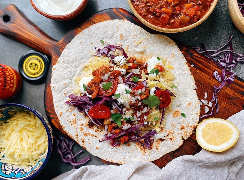 Mexican food with Chilli Con Carne Burrito