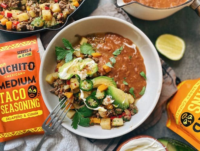 Beef Picadillo with Medium Tacos Seasoning and Refried Beans - Final Dish
