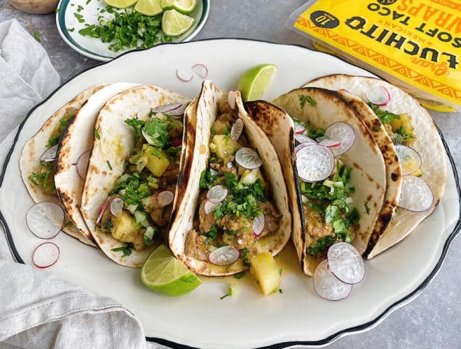 Pork in salsa verde with soft tacos