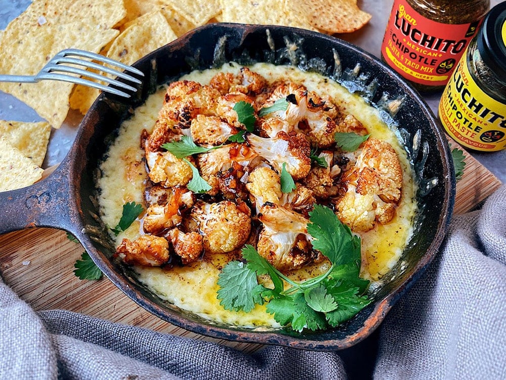 Quick queso with roasted cauliflower, veggie queso, finished dish