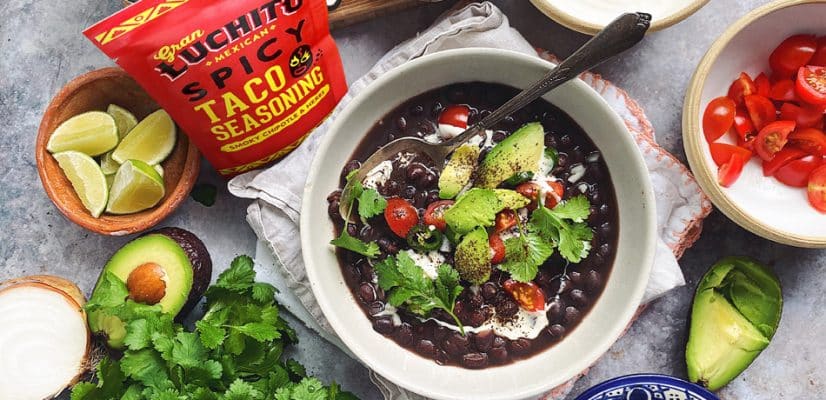 Mexican Black beans with spicy taco seasoning and cantina beans landscape