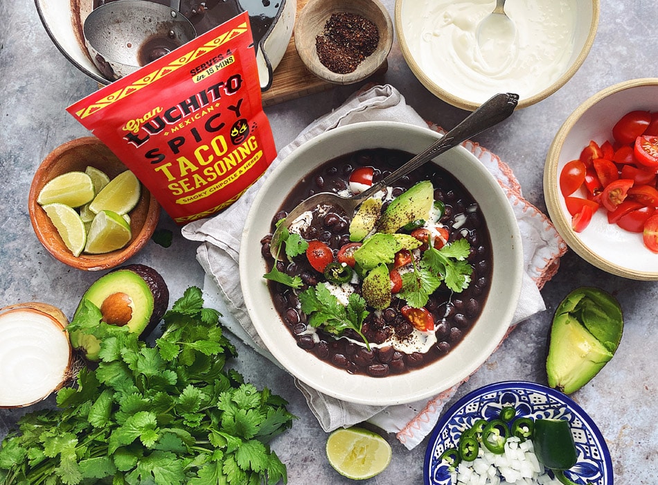 Mexican Black beans with spicy taco seasoning and cantina beans landscape
