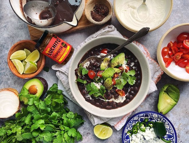 hearty, healthy side of black beans with garnish