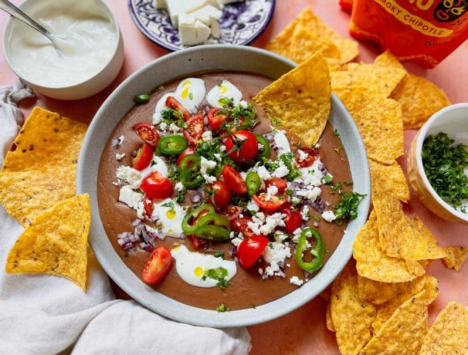 refried beans garnished, cinco de mayo menu, mexican sides