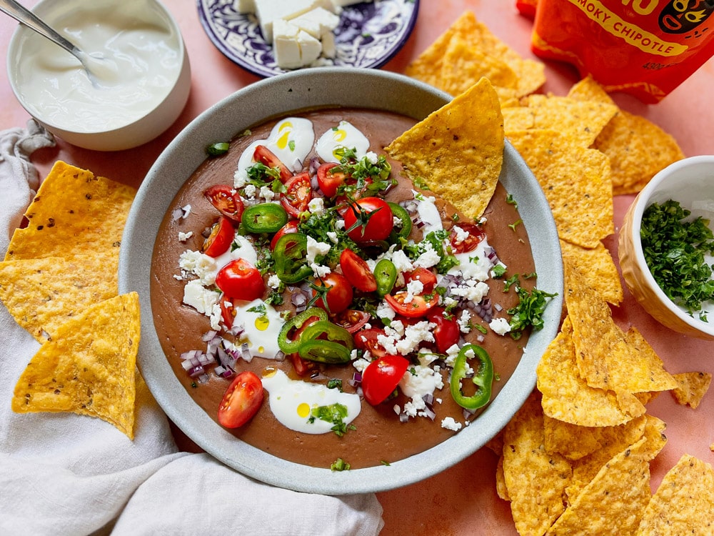 refried beans garnished, cinco de mayo menu, mexican sides