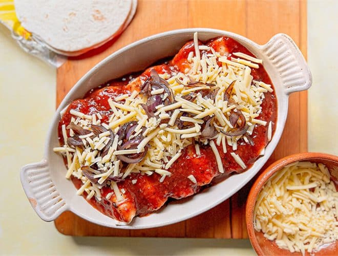 Steak Enchiladas prep step - Valentine's Day Menu