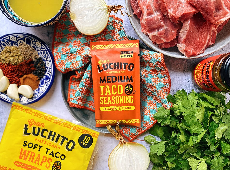 Al Pastor Tacos with Gran Luchito Medium Taco Seasoning, Soft Taco Wraps and Jalapeño & Pineapple