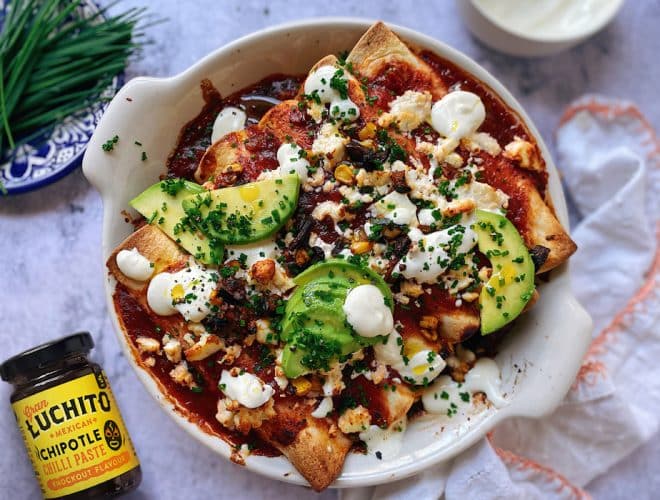 Vegetariann Enchiladas hero a finished dish
